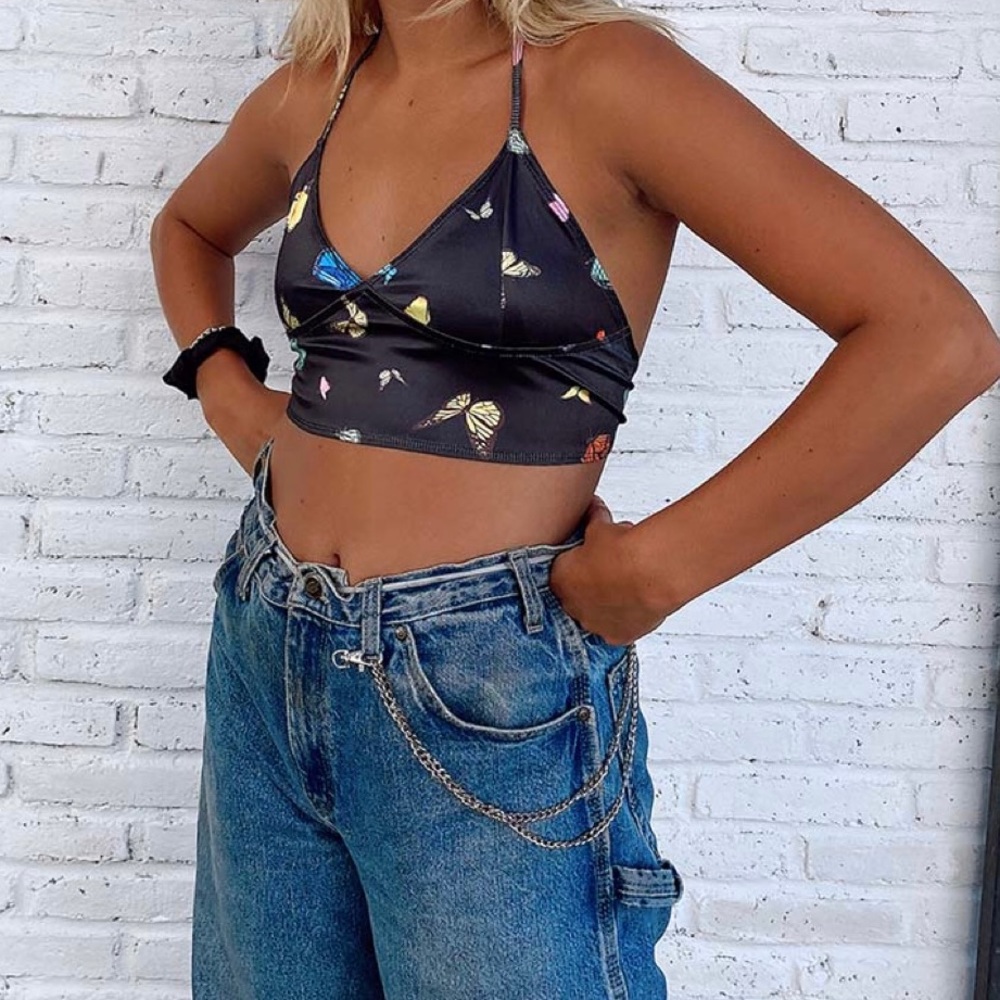 Dyla Top in Black Satin Butterfly